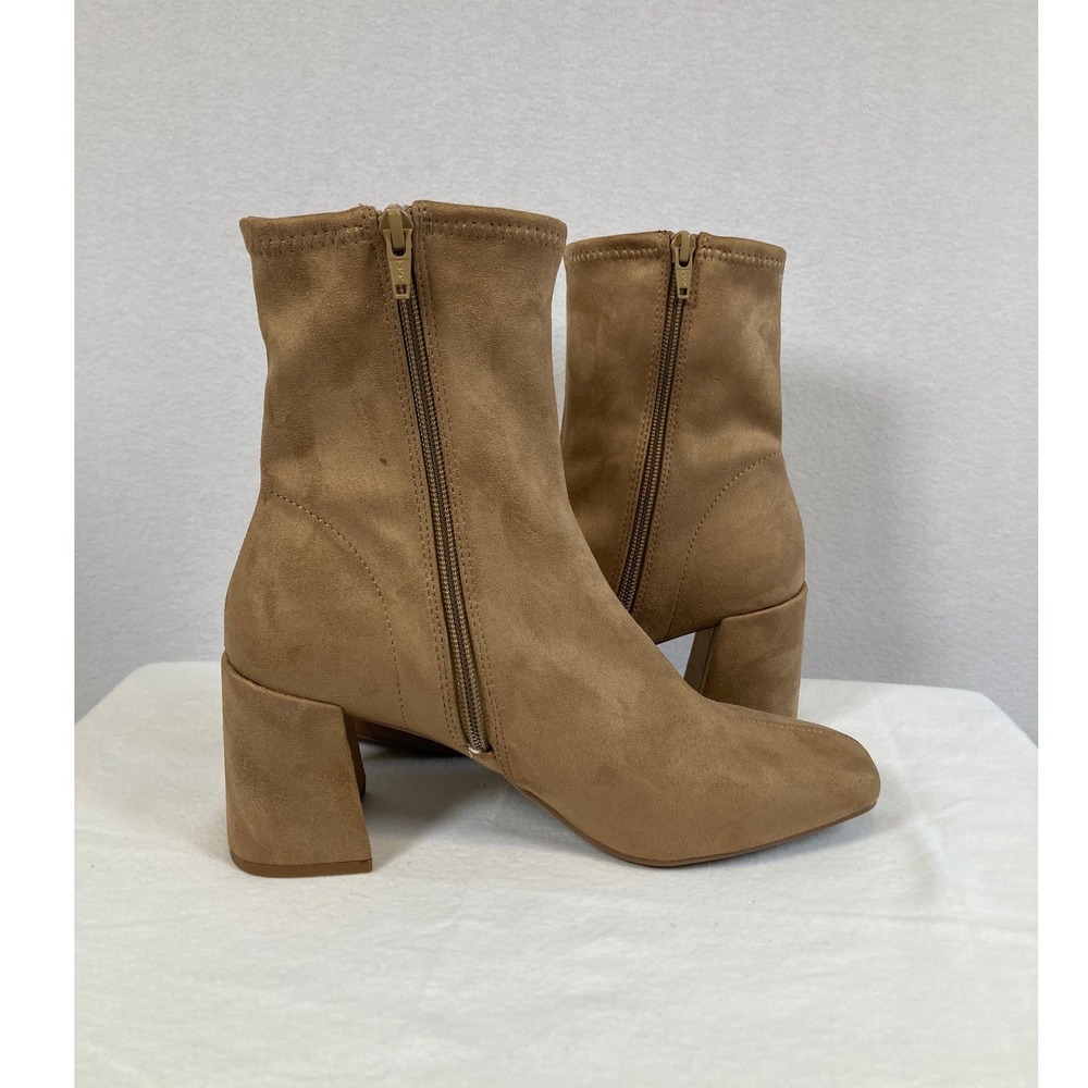 Minimalist A New Day Women 8 Tan Faux Suede Square Toe Block Heel Sock Boots